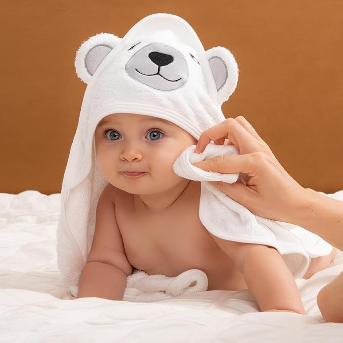 Momcozy Baby Bath Towel Set, Baby Towel with Hood and Baby Washcloth|Baby Bath Glove, Extremely Soft, Breathable, Suitable for Girls and Boys