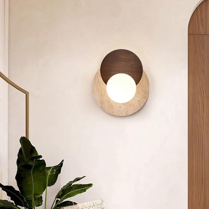 Marble Wall Lamp, Bathroom Vanity Light Fixtures, Wall Mount Lamp, Over Mirror, Stone Wall Sconces, Vintage Wall Light with Wood and Stone Shade, for Porch Workshop Kitchen Living Room