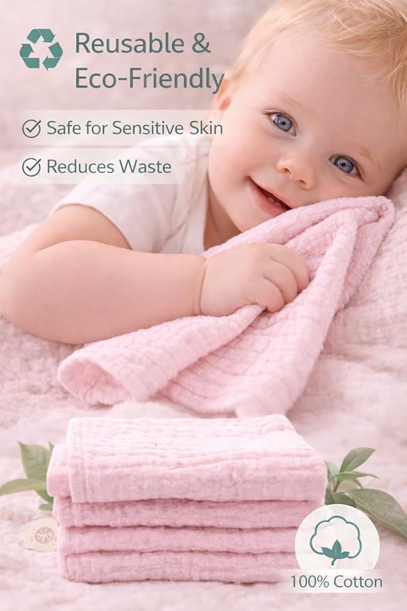 Baby Washcloths, 7-Pack, 100% Cotton Soft Absorbent, 6-Layer Muslin Wash Cloths and Face Towels, Baby Bath Essentials for Newborns, Babies and Toddlers, 12x12 inches (Pink)