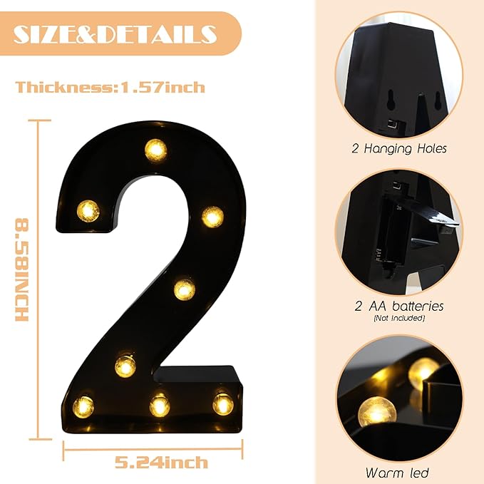 LED Marquee Numbers, 8.58 Inch Led Light Up Numbers for Party, Small Light Up Letters, Battery Powered Lighted Number for Table, Birthday, Night Light, Christmas or Home Decor (Black, Number 2)
