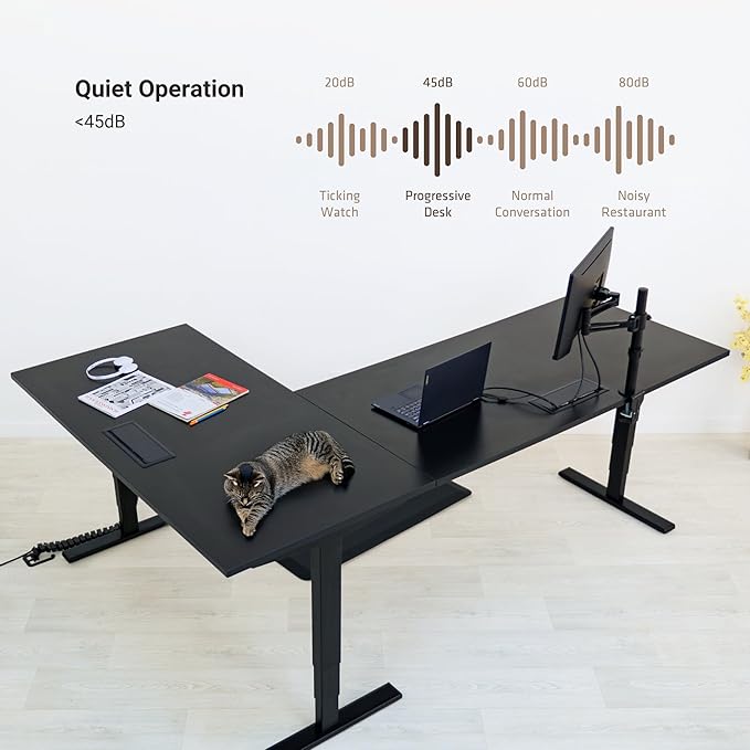 Progressive Desk Height Adjustable Computer Standing Desk - L Shaped 70" x 55" Corner Electric Stand Up Rising Workstation - Ebony Oak, Gray Frame