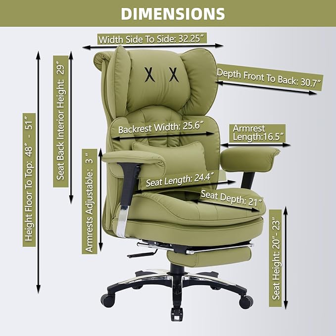 Efomao Big and Tall Office Chair with Footrest – High Back Computer Chair with Adjustable Armrests，Executive Office Chair with Wide Seat, Modern Desk Chair for Home Office, Gaming, or Study, Green
