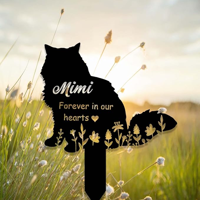 Custom Fluffy Metal Cat Memorial Stake Garden Decor Personalized Cat Name Remembrance Yard Stake Pet in Heaven Loss Sympathy Gift