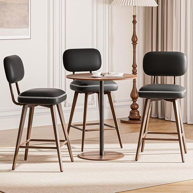 Swivel Bar Stools Set of 3, Mid Century PU Leather Counter Height Bar Chairs with Low Back and Metal Legs, Modern Bar Stool Chair for Kitchen Island, Black