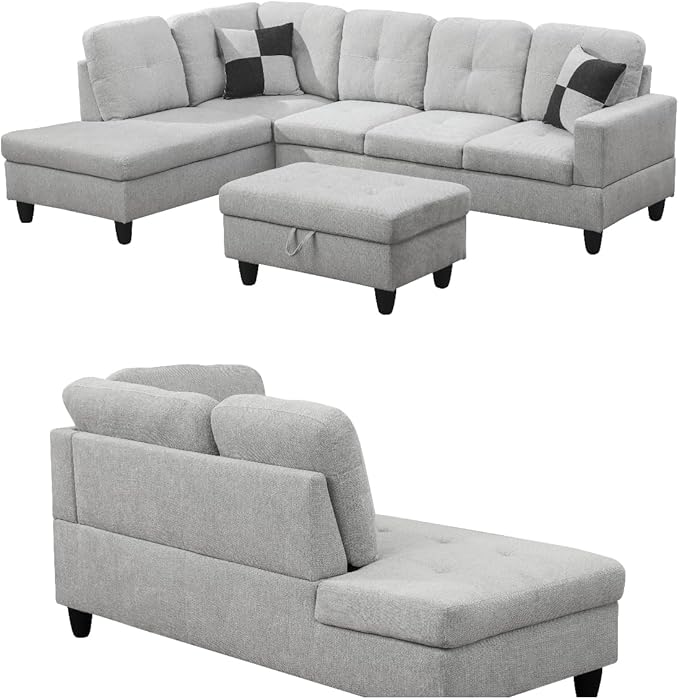 Modern Living Room Furniture Sets with Pillows, Modular Sectional Couches with Chaise Lounge, 4-Seaters L Shape Sofa with Storage Ottoman, for Living Room, Light Grey