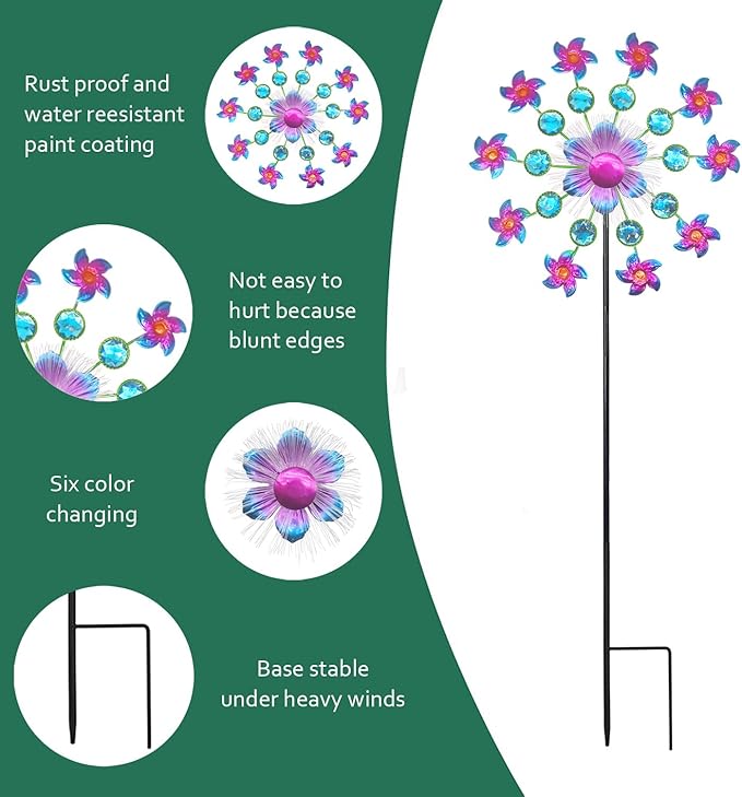 Solar Flower Wind Spinners for Yard and Garden, 40 Inch Solar Windmill Garden Whirligig Kinetic Spinners Decor for Lawn, Patio&Yard, Metal Wind Outdoor Sculpture