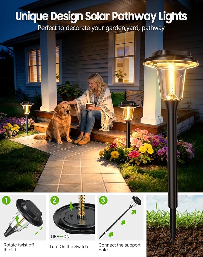 2026 New Solar Pathway Lights Outdoor 6 Pack Solar Lights Outdoor Waterproof IP65 Upgraded Bright LED Auto On/Off Modern Garden Lights Solar Powered Light for Yard Lawn Walkway Driveway Patio Decor
