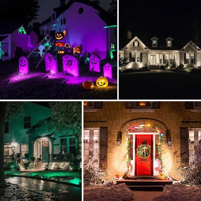 Chrisrmas Spotlights Outdoor, 24W Color Changing Landscape Lighting with Remote & Timer (4H/6H/8H), IP65 Waterproof Aluminum RGB Spot lights for Yard, Garden, House Halloween Decorations (6 lights)