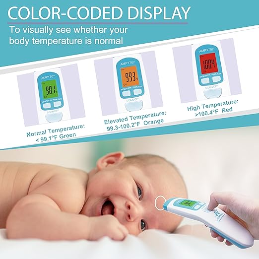 Amplim Non-Contact Forehead Thermometer & Case for Adults, Kids, Baby, FDA Cleared, Medical Grade, Touchless Infrared, 1-Sec Reading, Fever Alarm, Memory Recall, Quiet Mode, White
