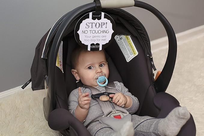 (Three Little Tots) No Touching baby Car Seat and Stroller TWO PACK- Baby Safety No Touching Car Seat Sign, Stroller Sign, Newborn Car Seat Tag- CPSIA Safety Tested (Blue Mommy/Black White)
