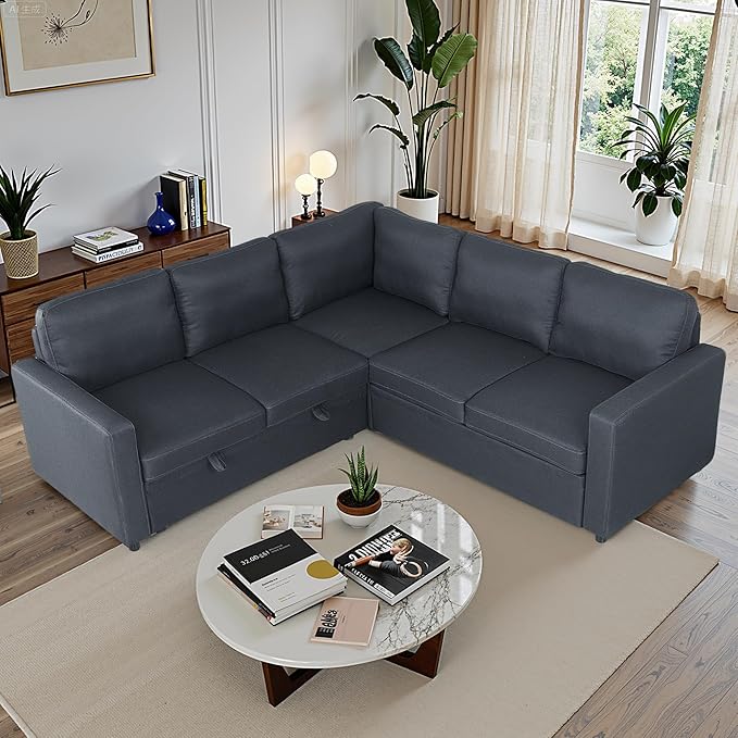 83" Pull Out Sleeper Couch with Storage Chaise, Couch, Sofa Bed, Convertible L Shaped Sofa for Living Room, Apartment, Black Grey