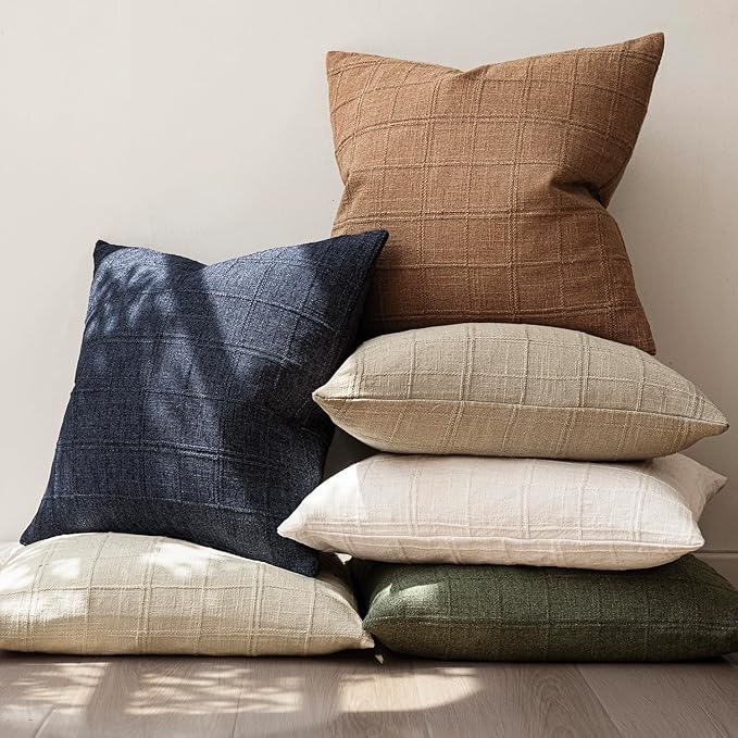 Foindtower Set of 2 Decorative Linen Check Throw Pillow Covers Neutral Farmhouse Vintage Cushion Covers Modern Boho Home Decor for Sofa Chair Couch Bedroom Living Room Outdoor,16×16 Inch,Navy Blue